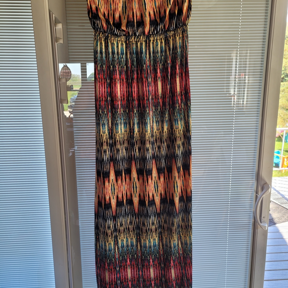 Trixxi Strapless Maxi Dress in Black, Red, Teal & Peach Ikat Print